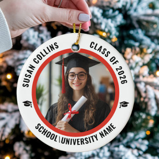 Modern Red & White Custom Photo Graduation Ceramic Tree Decoration