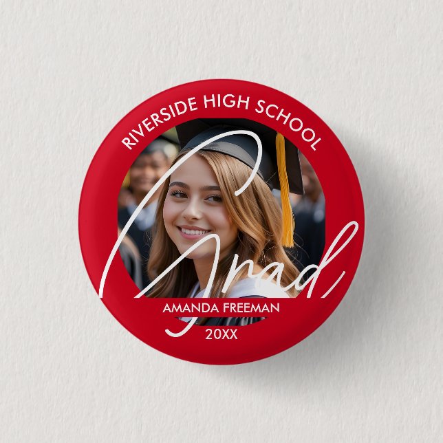 Modern Red & White Customised Graduate Photo 3 Cm Round Badge (Front)