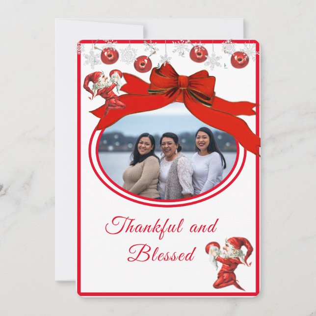 Modern Red White Cute  Elf Photo Merry Christmas Holiday Card (Front)