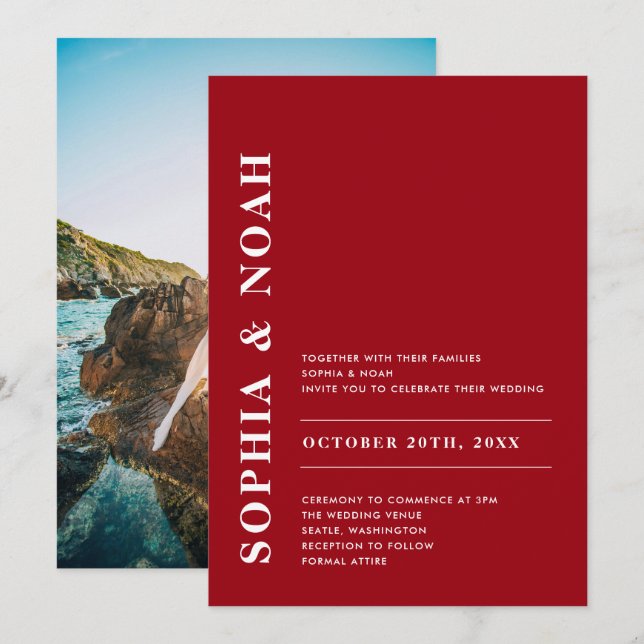 Modern Red & White Elegant Simple Wedding Photo Invitation (Front/Back)