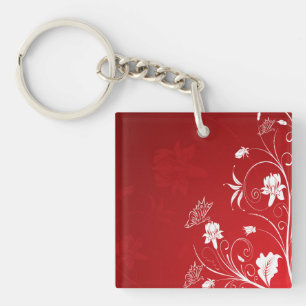 Modern Red & White Floral Key Ring
