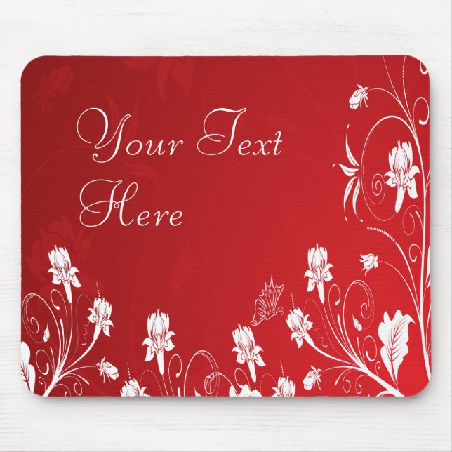 Modern Red & White Floral Mouse Pad (Front)
