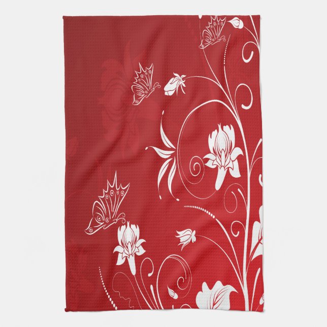 Modern Red & White Floral Tea Towel (Vertical)