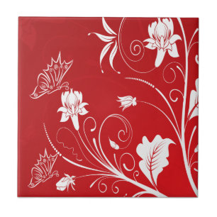 Modern Red & White Floral Tile
