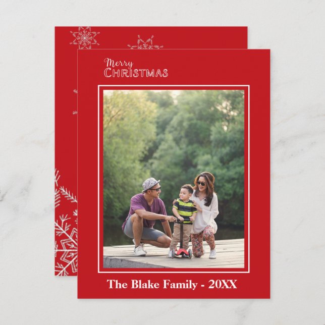 Modern Red White Frame Family Photo Christmas Card (Front/Back)