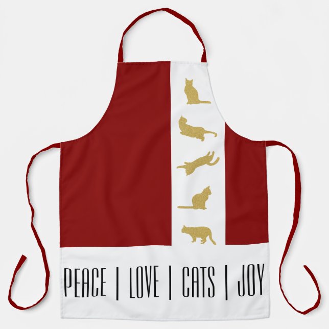 Modern Red White Gold Cat Christmas Apron (Front)
