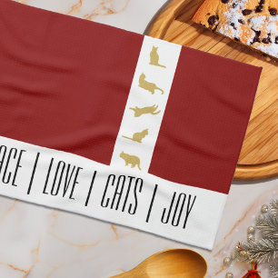 Modern Red White Gold Cat Christmas Tea Towel