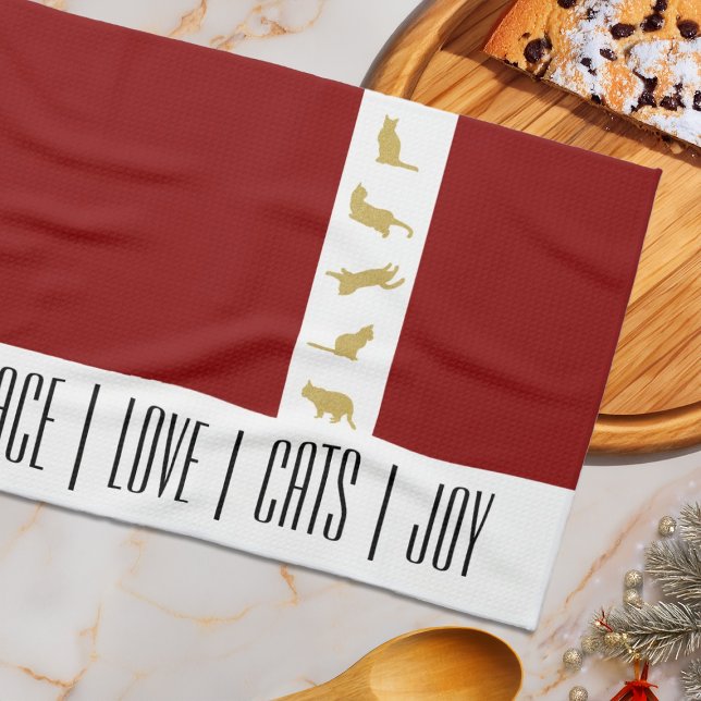 Modern Red White Gold Cat Christmas Tea Towel (Creator Uploaded)