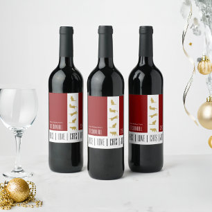 Modern Red White Gold Cat Christmas Wine Label