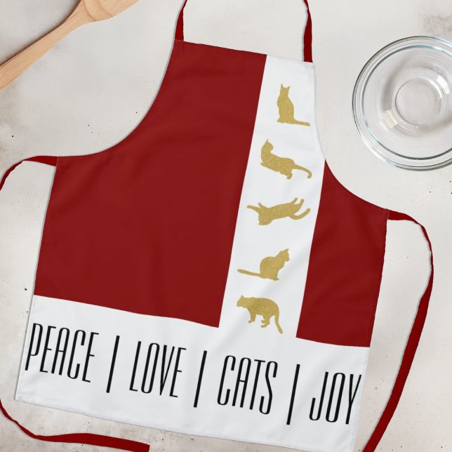 Modern Red White Gold Cat Lover Christmas Apron (Creator Uploaded)