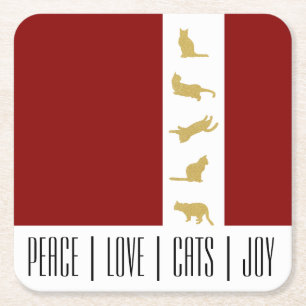 Modern Red White Gold Cat Lover Christmas Square Paper Coaster