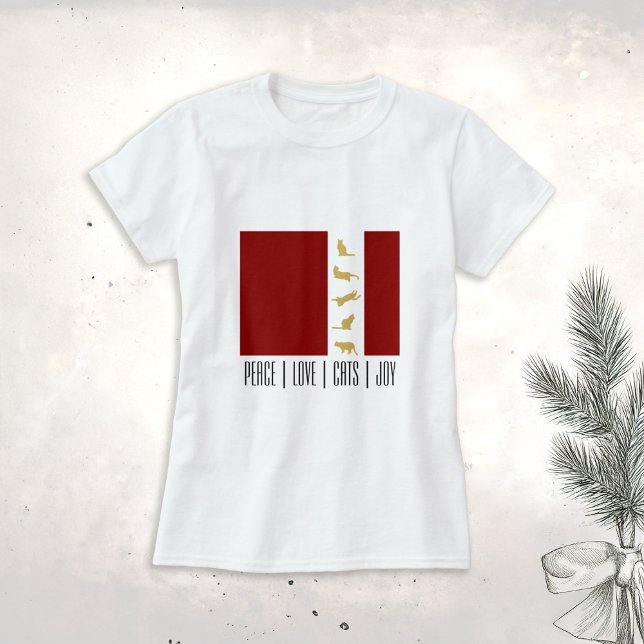 Modern Red White Gold Christmas Cat T-Shirt (Creator Uploaded)