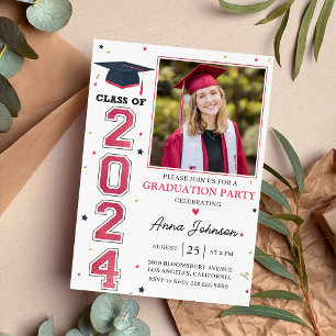 Modern Red White Grad Photo Graduation 2024 Invitation