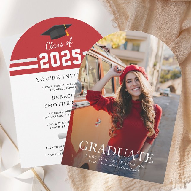 Modern Red White Grad Photo Graduation 2025 Party Invitation (Graduation 2025 Party Red White Arch Party Invitation)