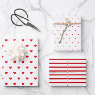Modern Red & White Hearts Stripes Polka Dots 3 Wrapping Paper Sheet