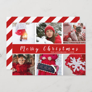 Modern Red & White Merry Christmas Photo Collage Holiday Card
