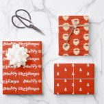 Modern Red & White Merry Christmas Trees & Santa Wrapping Paper Sheet<br><div class="desc">Bring festive cheer to your gift-giving with this set of vibrant Christmas wrapping paper designs. The rich red background is adorned with playful holiday-themed patterns, including "Merry Christmas" text in a whimsical retro font, jolly Santa faces, and simple white Christmas trees. Perfect for adding a joyful touch to your presents,...</div>