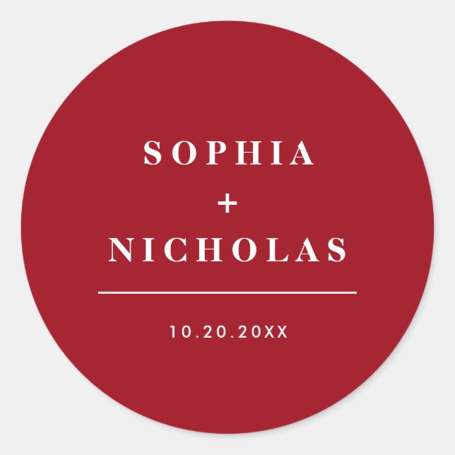 Modern Red & White Minimal Elegant Wedding Classic Round Sticker (Front)