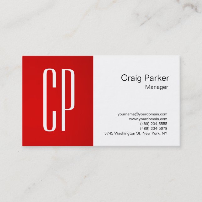 Modern Red White Monogram Professional Business Card (Front)