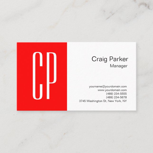 Modern Red White Monogram Professional Business Card (Front)