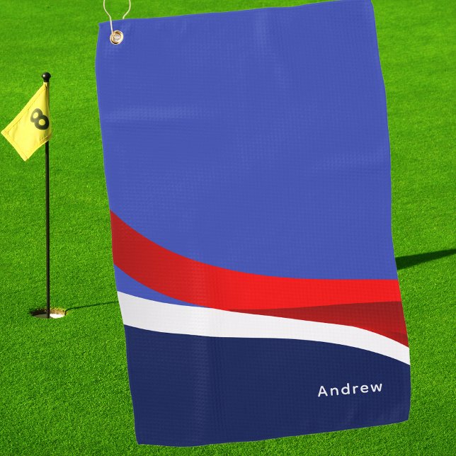Modern Red, White, Navy Blue Golfer Monogram Golf Towel (Creator Uploaded)