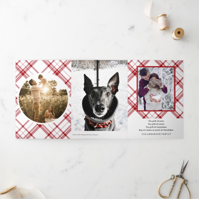 Modern Red White Plaid Eight Photo Tri-Fold Holiday Card (Outside)