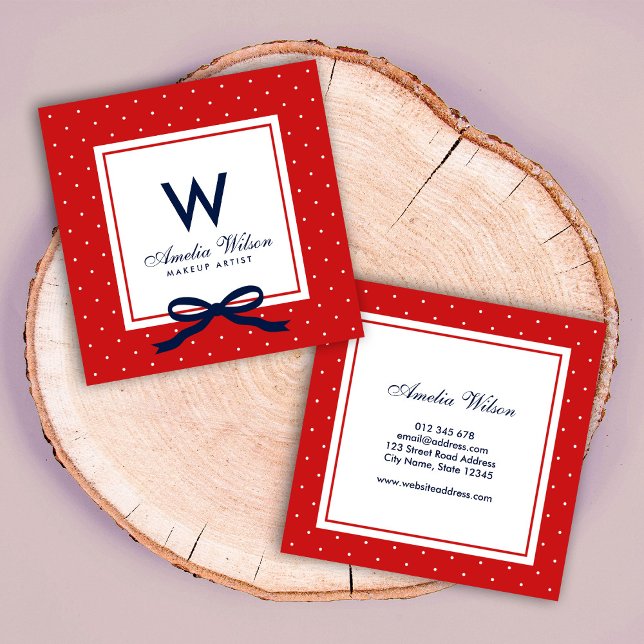 Modern Red White Polka Dot Red Ribbon Monogram Square Business Card (Creator Uploaded)