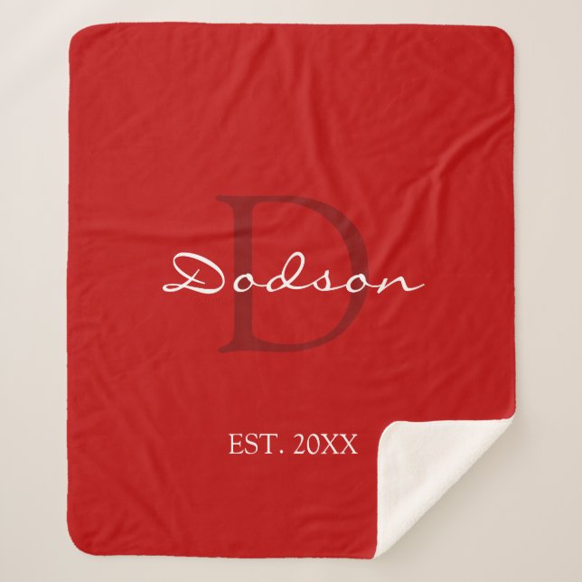 Modern Red White Script Family Monogram Name Sherpa Blanket (Front)