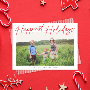 Modern Red & White Script Happiest Holidays Photo Holiday Card