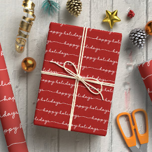 Modern Red & White Script Happy Holidays Wrapping Paper