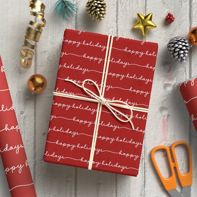 Modern Red & White Script Happy Holidays Wrapping Paper (Creator Uploaded)
