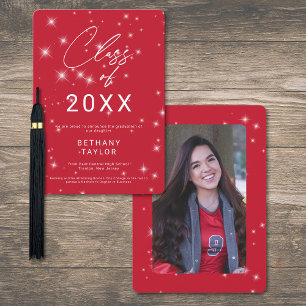 Modern Red & White Sparkle Graduation Announcement
