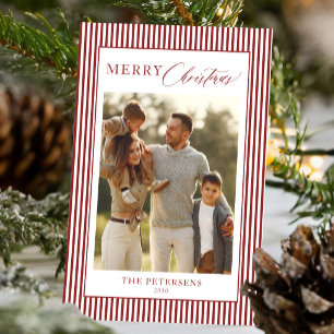 Modern red white stripes family photo Christmas Holiday Card
