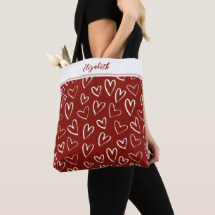 Modern Red White Valentine Hearts Monogram Tote Bag