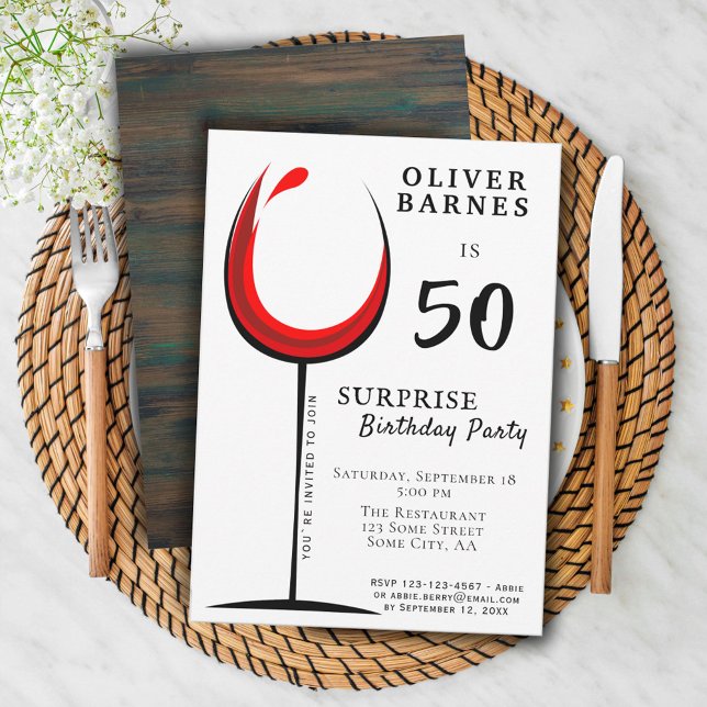 Modern Red Wine 50th Birthday Surprise Party Invitation (Creator Uploaded)