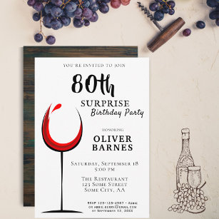 Modern Red Wine 80th Birthday Surprise Party Invitation