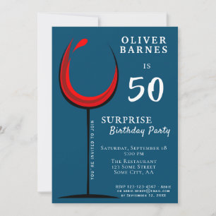 Modern Red Wine Glass 50th Birthday Surprise Party Invitation
