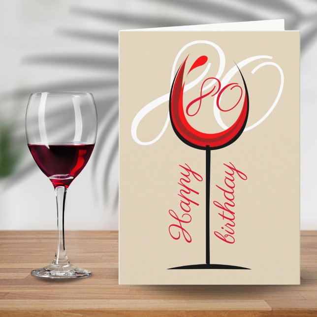 Modern Red Wine Glass 80th Birthday Card (Creator Uploaded)