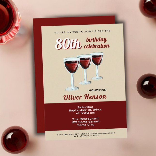 Modern Red Wine Glass 80th Birthday Invitation (Creator Uploaded)