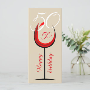 Modern Red Wine Glass Script 50th Birthday  Card