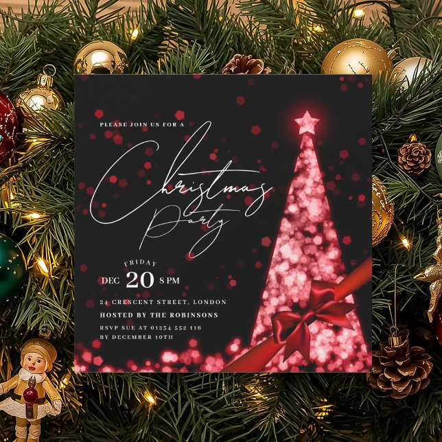 MODERN Red Winter Christmas Tree Bow Party  Invitation (MODERN Red Winter Christmas Tree Bow Party Invitation)