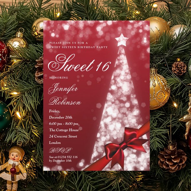Modern Red Xmas Tree Bow Sweet 16 Birthday Party Invitation (Modern Red Xmas Tree Bow Sweet 16 Birthday Party Invitation)