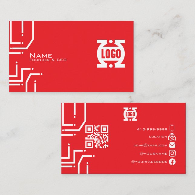Modern RedTech Circuit Board QR Code Business Card (Front/Back)