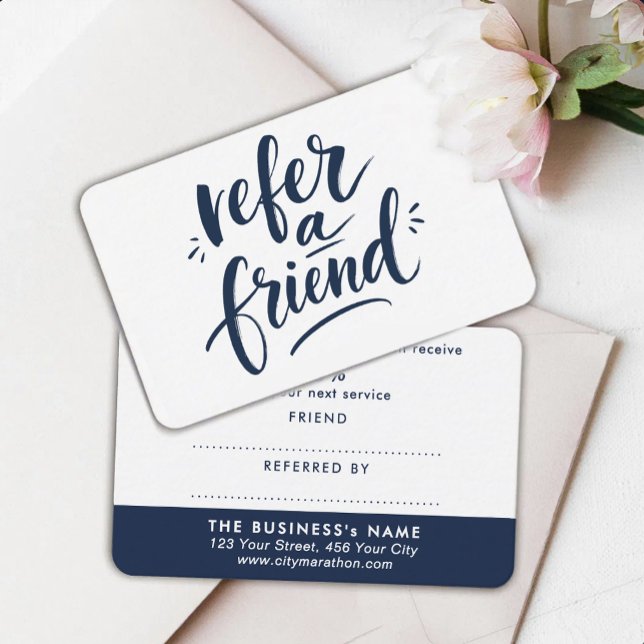 Modern Referral Navy Blue White Discount Script Card (Creator Uploaded)