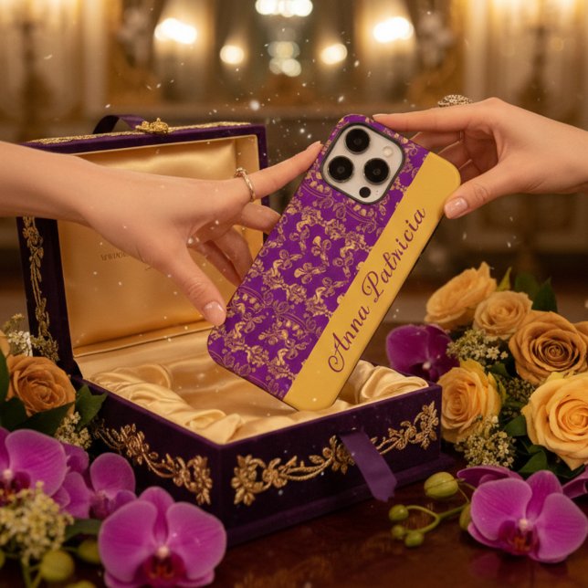 Modern Regency Purple Gold Damask Floral Name Case-Mate iPhone Case (Creator Uploaded)