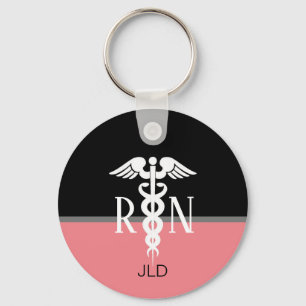 Modern Registered Nurse Caduceus Pink Monogram Key Ring