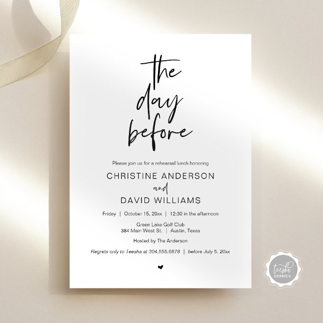 Modern Rehearsal Lunch, The day before Invitation (The day before, Wedding Rehearsal Lunch Invitation Card, Modern Minimalist Script, Black and White)