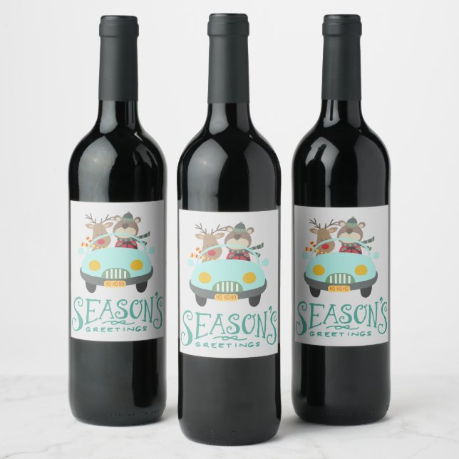 Modern Reindeer & Bear Holiday Wine Label (Bottles)