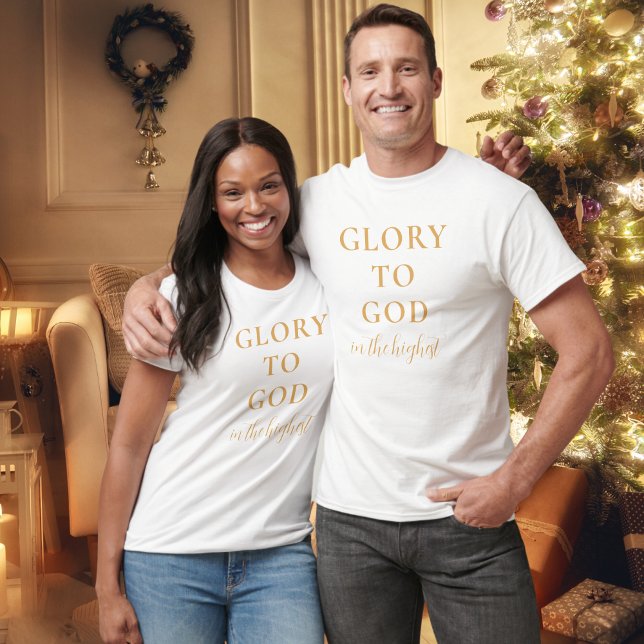 Modern Religious Christian Faith Based Gold White T-Shirt (Modern, faith-based, Christian t-shirt with Glory to God Bible verse in gold and white.)