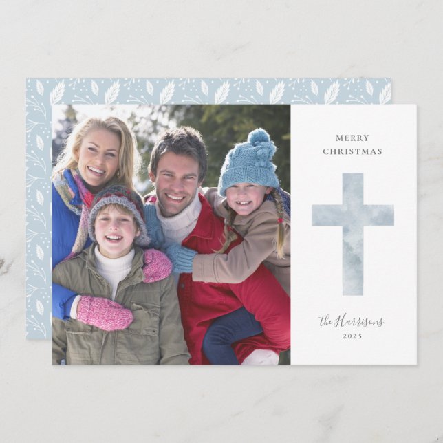Modern Religious Christmas Cross Photo Holiday Card (Front/Back)